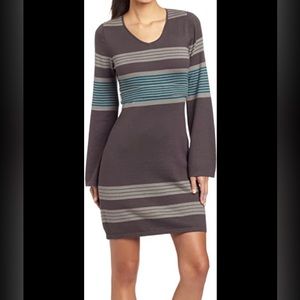 NWT PRANA SYDNEY STRIPE BELL SLEEVE RIBBON BELTED V NECK MINI SWEATER DRESS